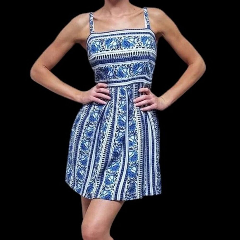 LOFT Grecian Printed Pleated Strappy Sundress Blue / White Striped Sz 4